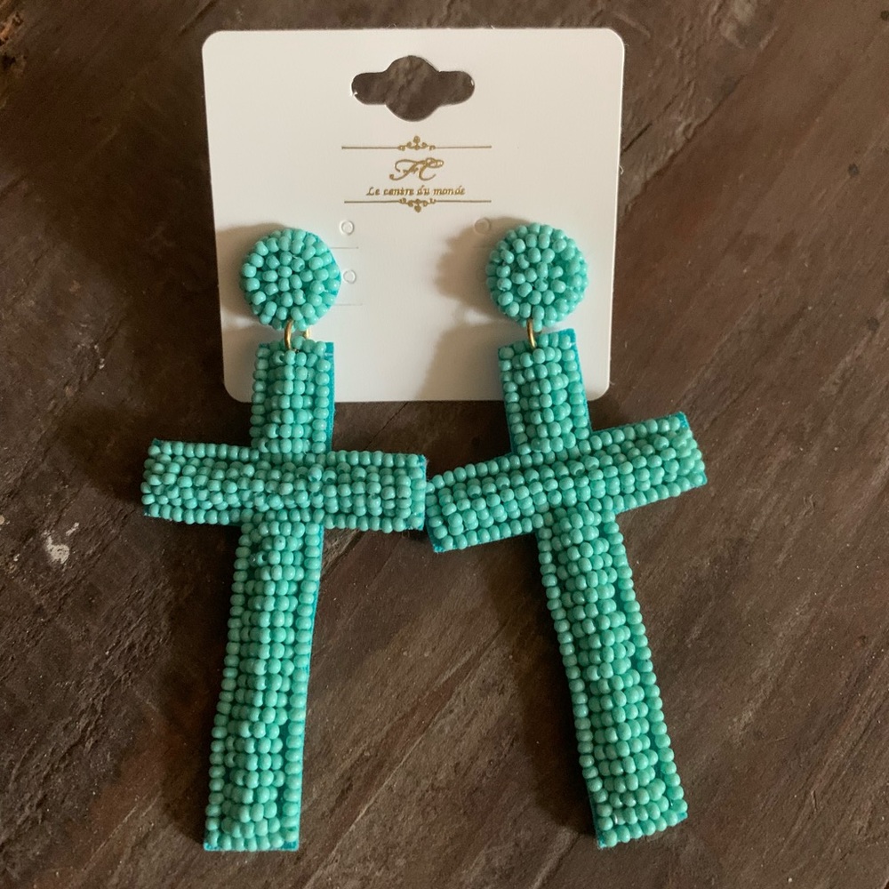 Teal cross earrings